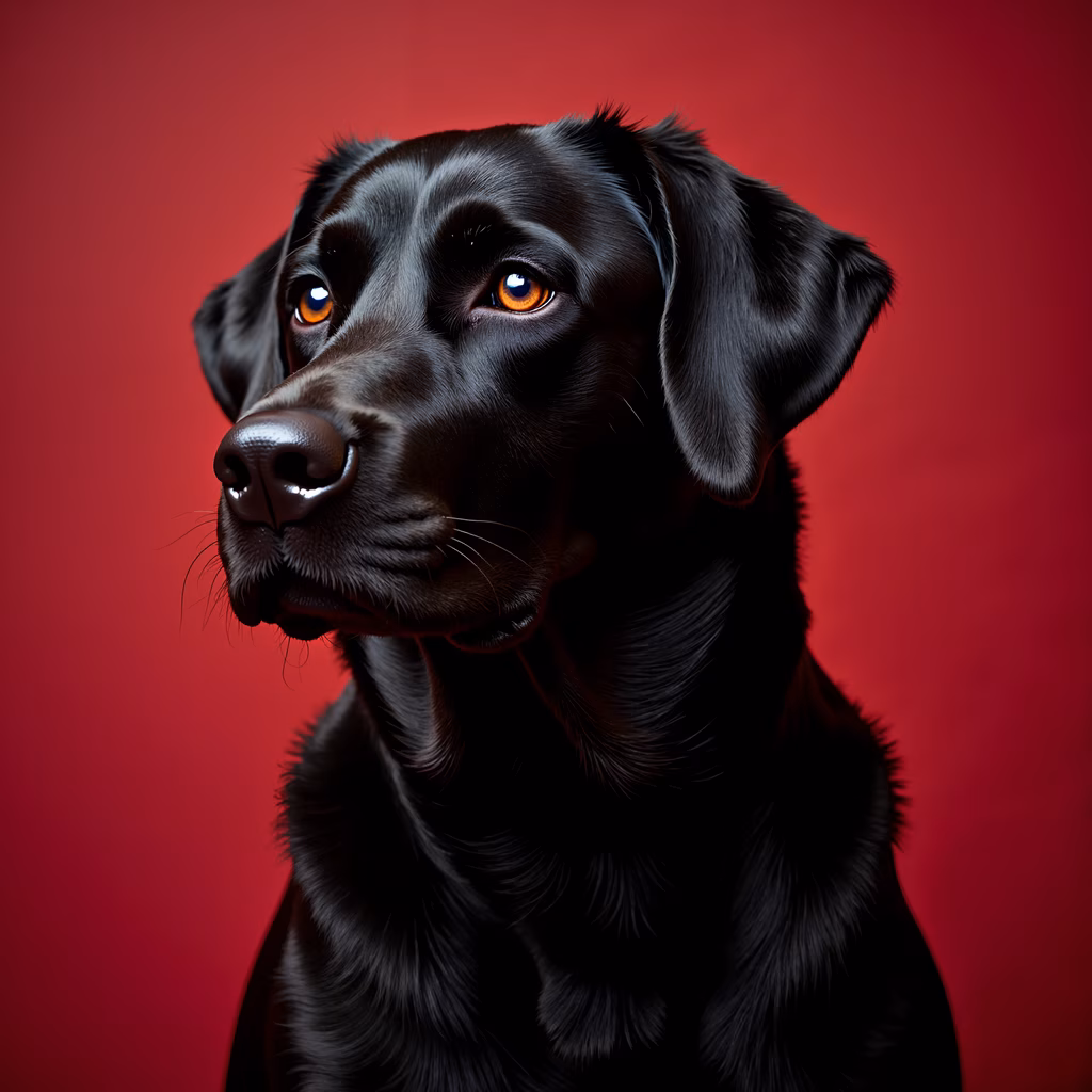 Close-up portrait of a black Labrador on a red background, emphasizing texture and calmness.