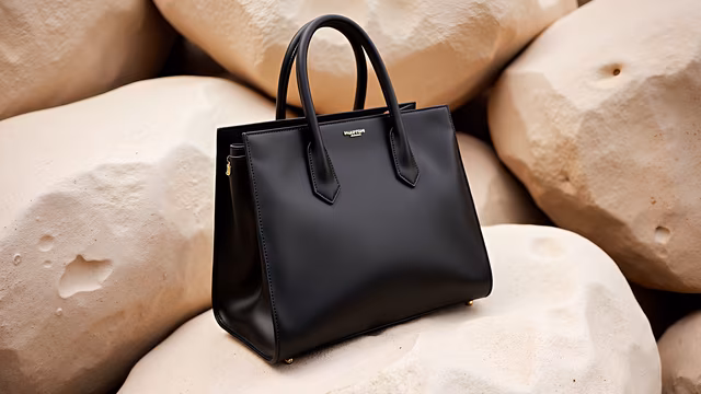 Black Leather Bag on Textured Rocks