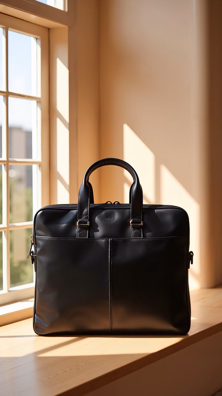 Elegant black leather briefcase in natural light, fashion accessories.