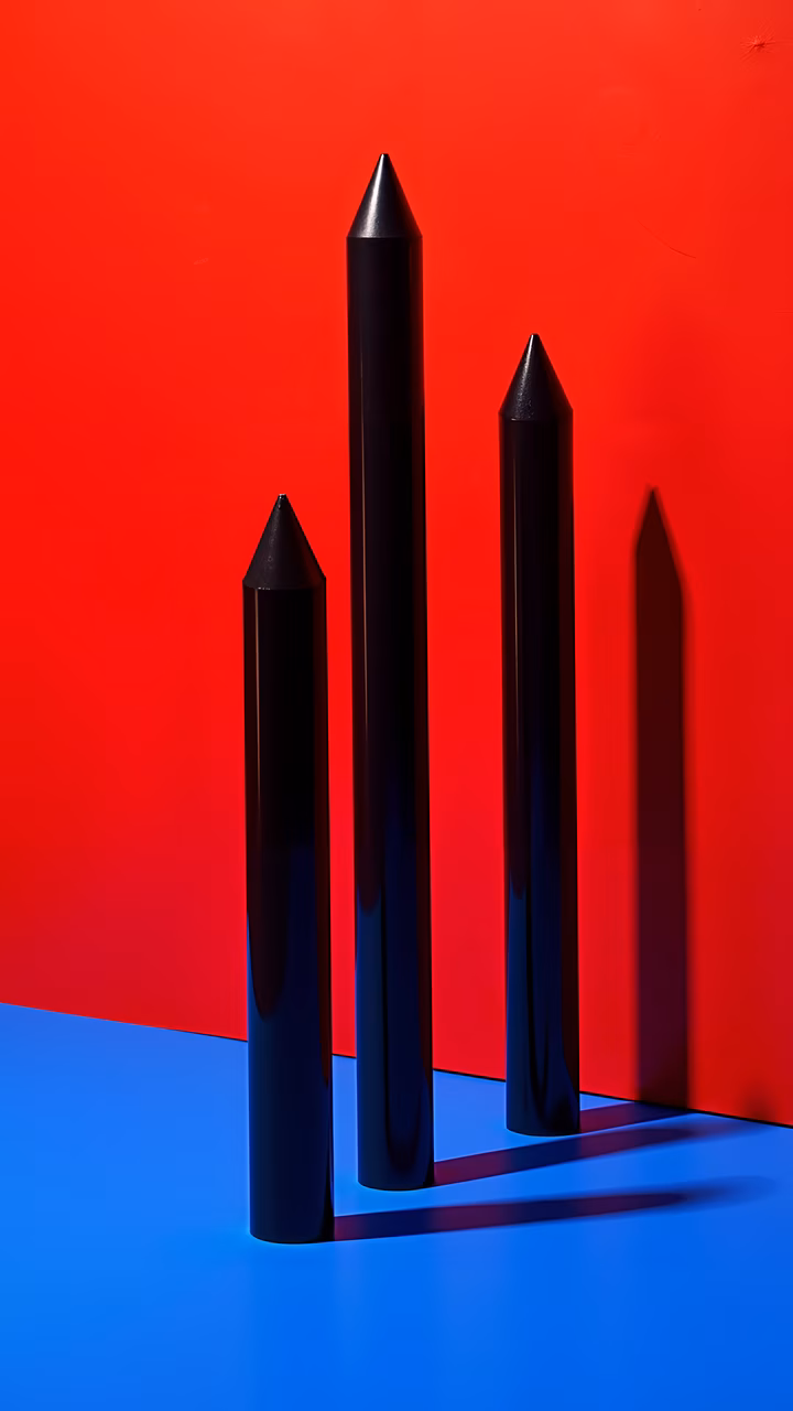Four black pencils on a red and blue background, minimalist design, dramatic lighting.