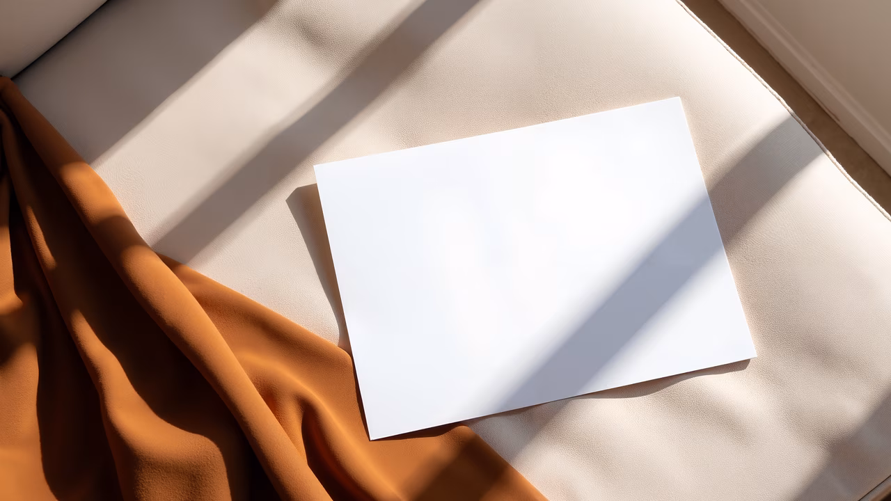 Blank sheet of paper on leather, minimalistic and serene.