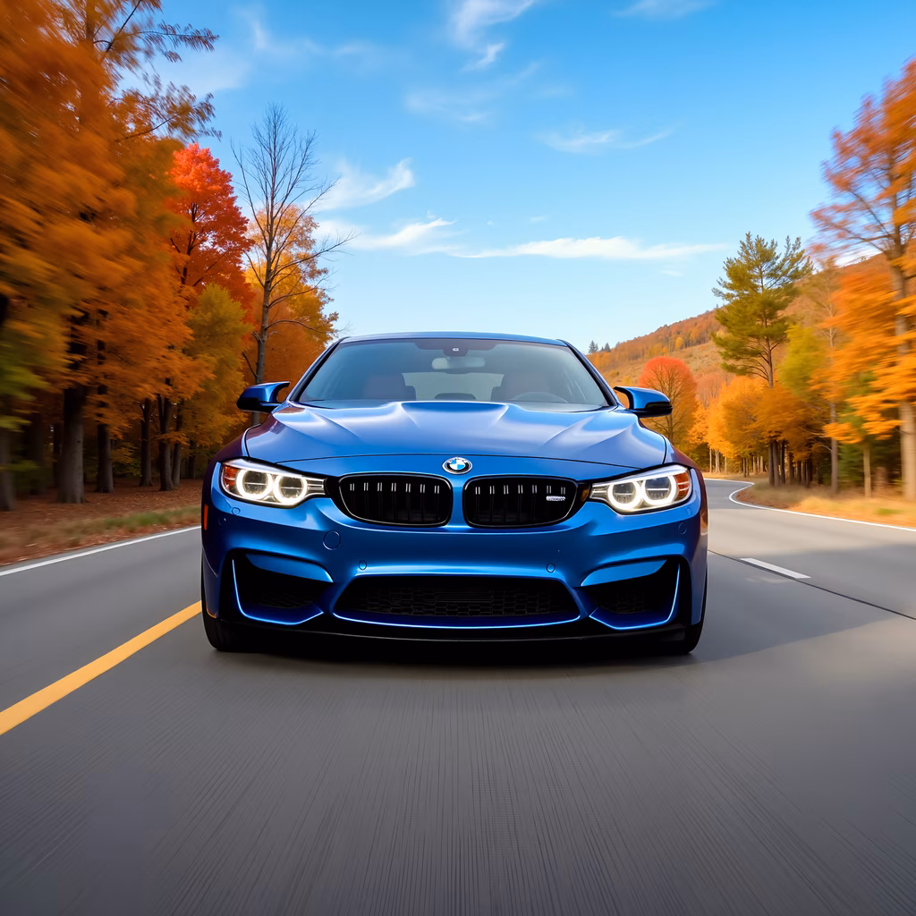 Vibrant blue BMW driving through autumn landscape