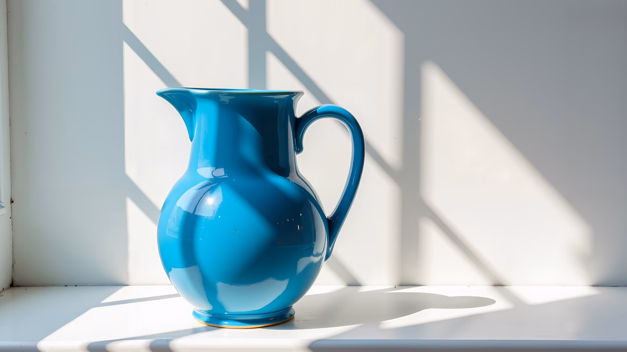 A blue ceramic pitcher on a white surface, bathed in natural light.