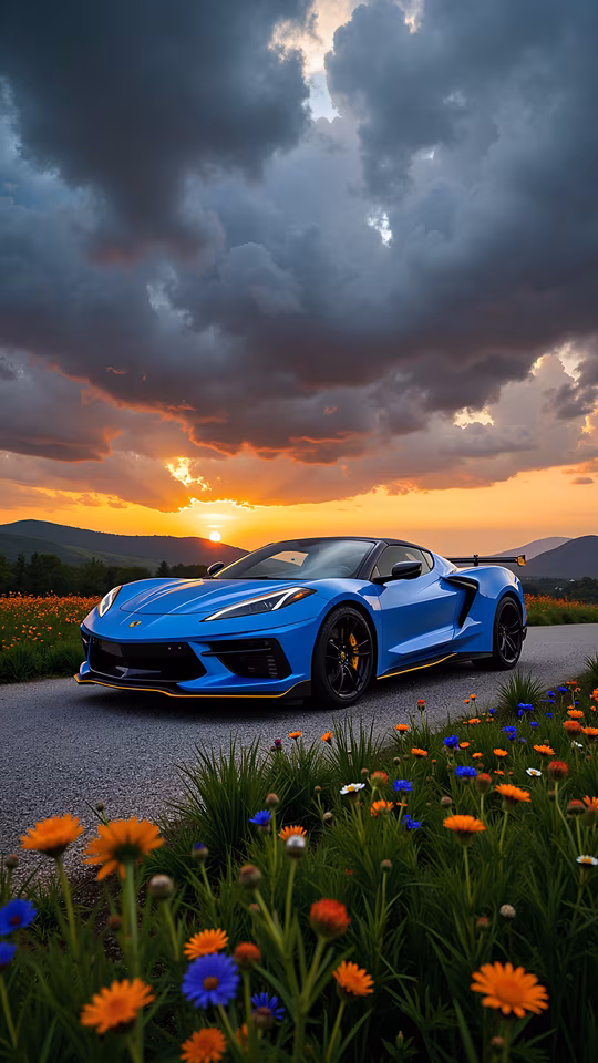 Blue Sports Car at Sunset