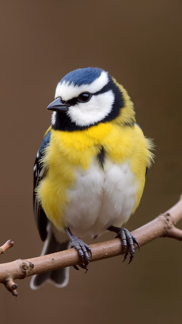 Close-up of a Blue Tit bird perched on a branch, showcasing its colorful plumage and serene expression.