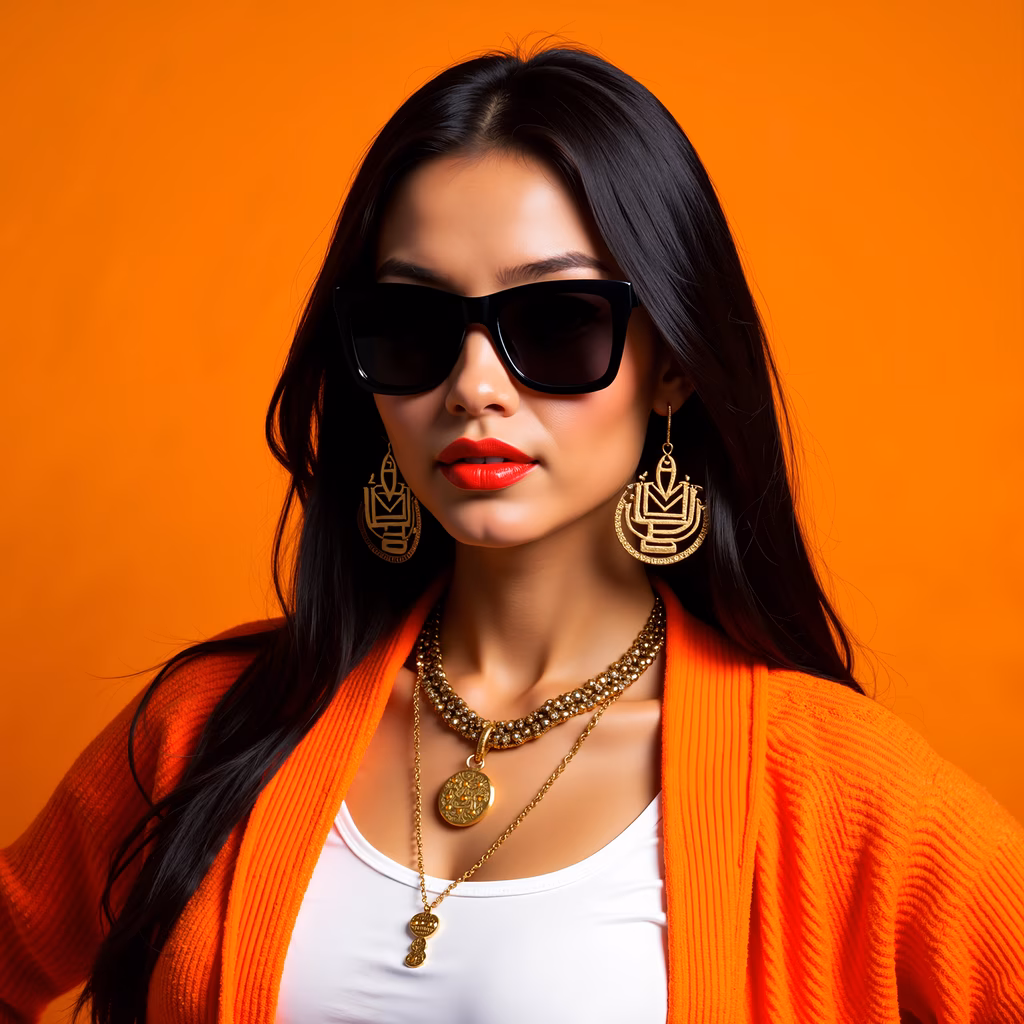 Bold fashion portrait with vibrant colors and intricate details.