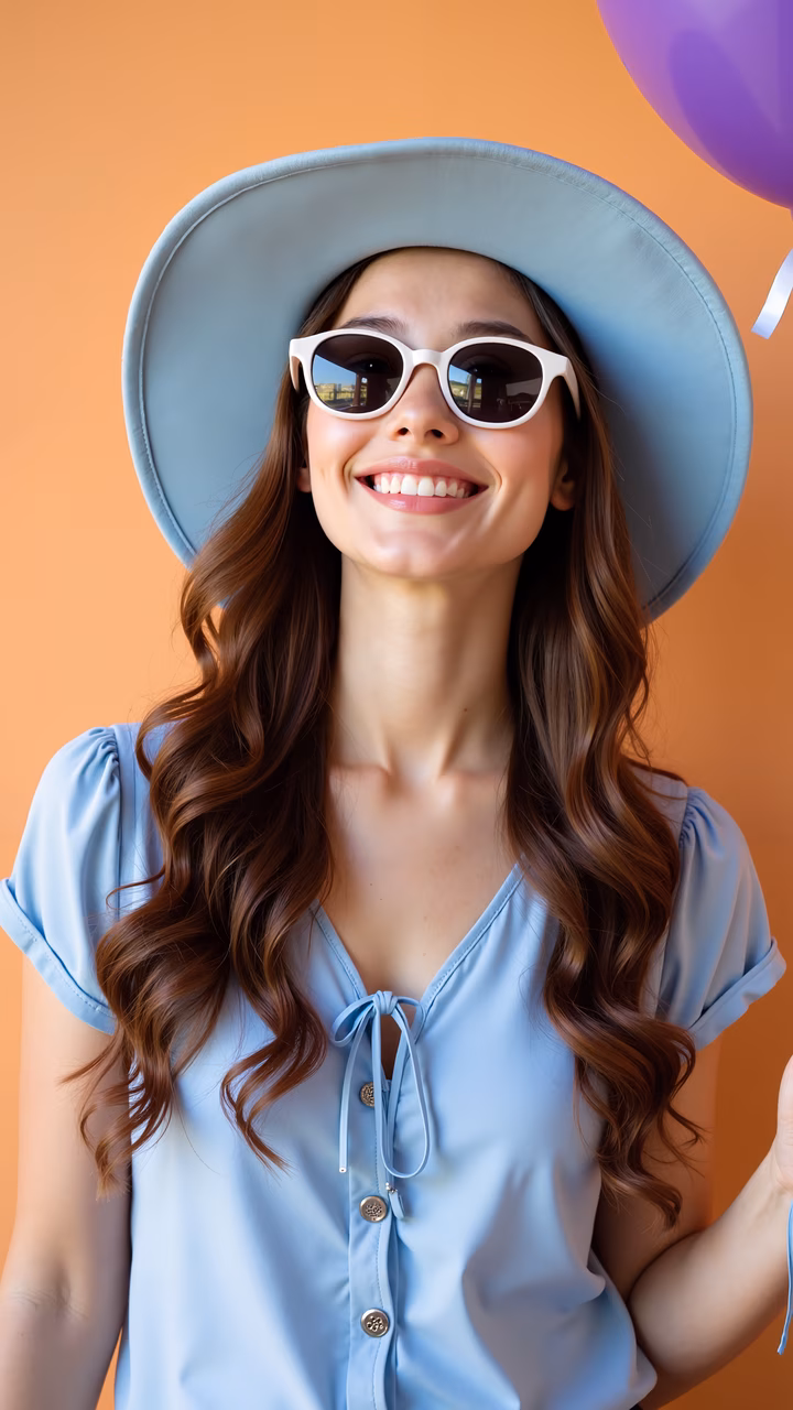 Bright and cheerful portrait of a woman wearing a blue hat and sunglasses against an orange background.