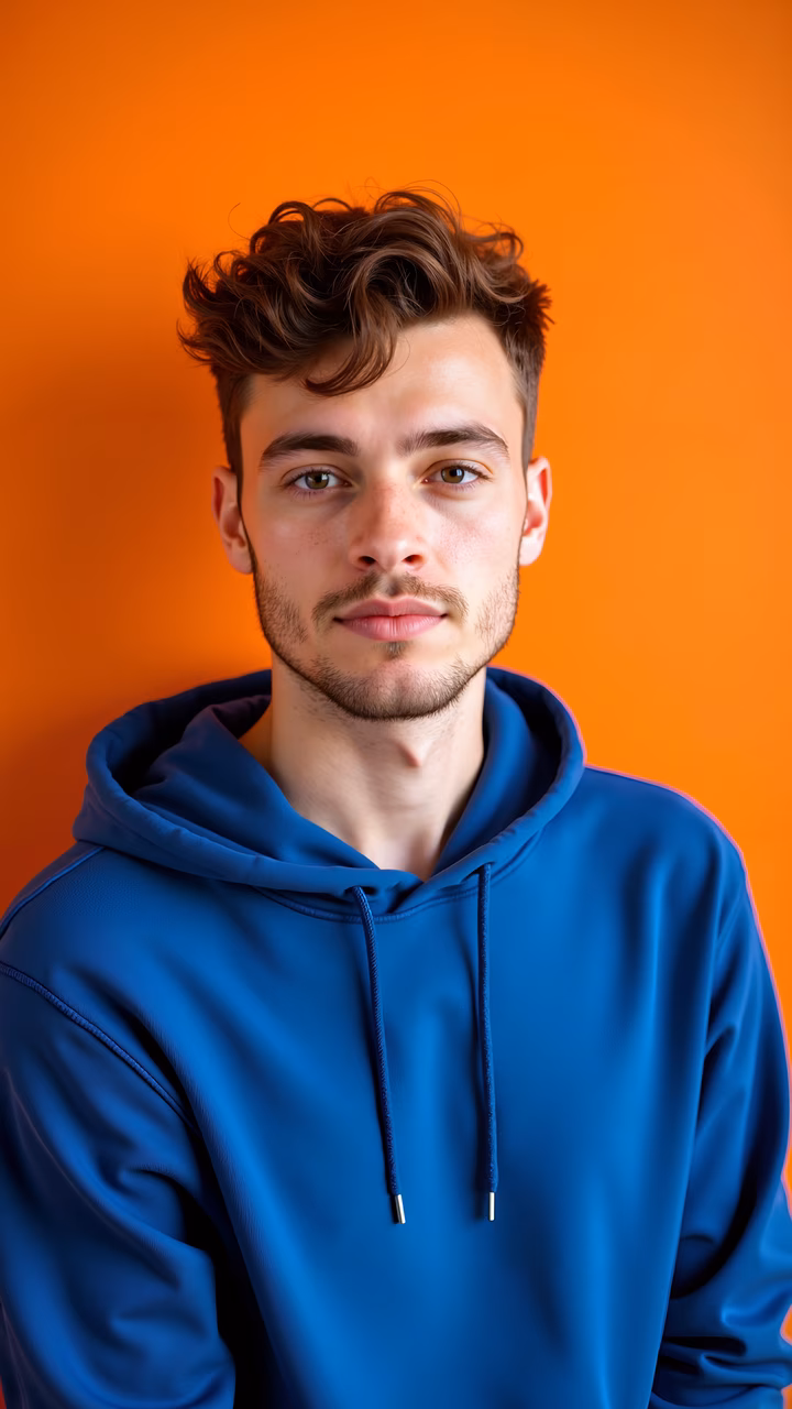 Vibrant blue hoodie against an orange background, capturing a bold portrait.