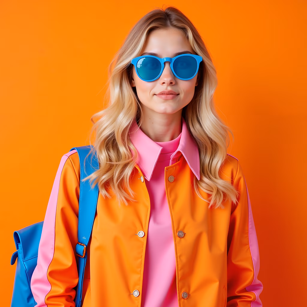 Bold fashion colors and vibrant energy in a portrait.