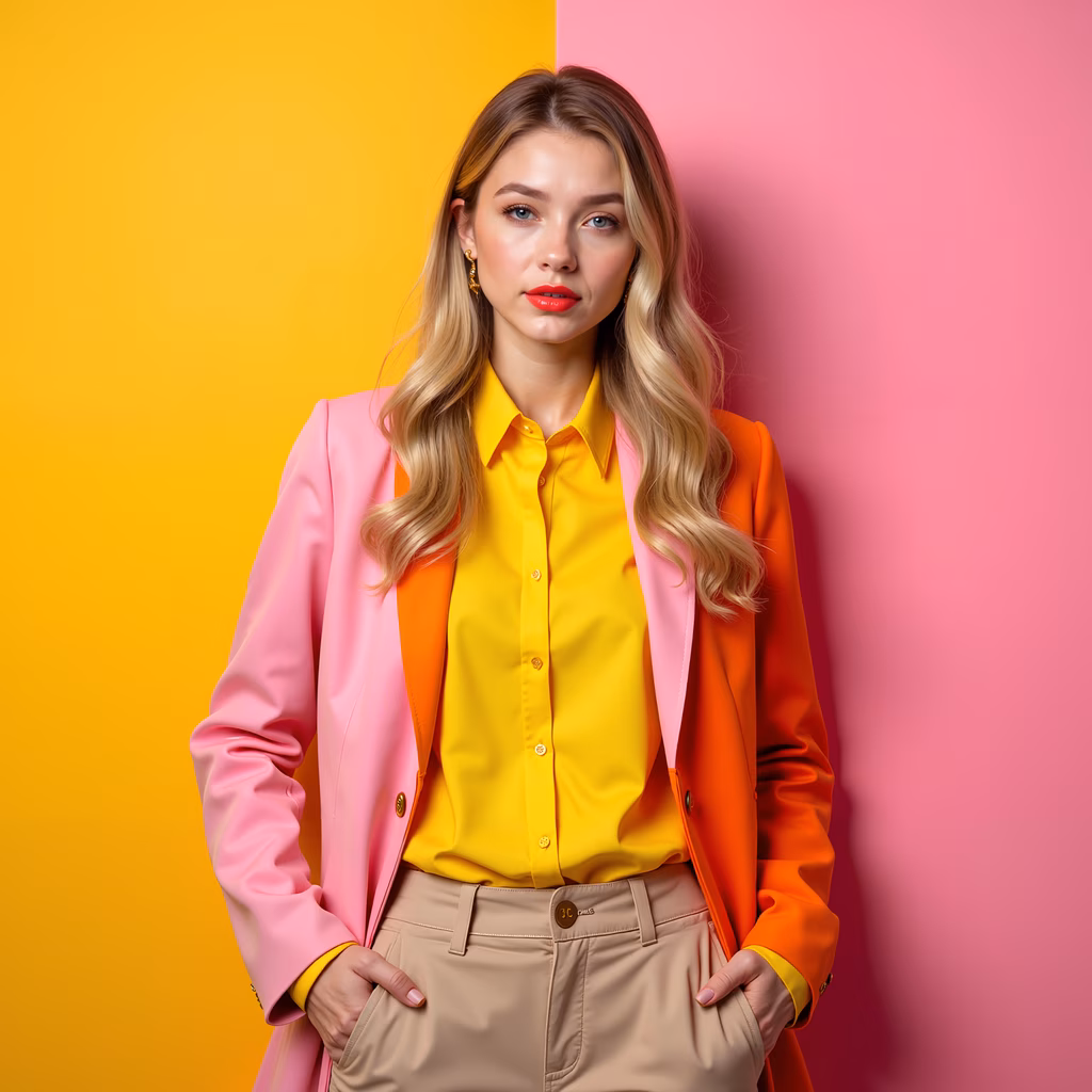 Bold fashion portrait with vibrant colors and contrasting backgrounds.