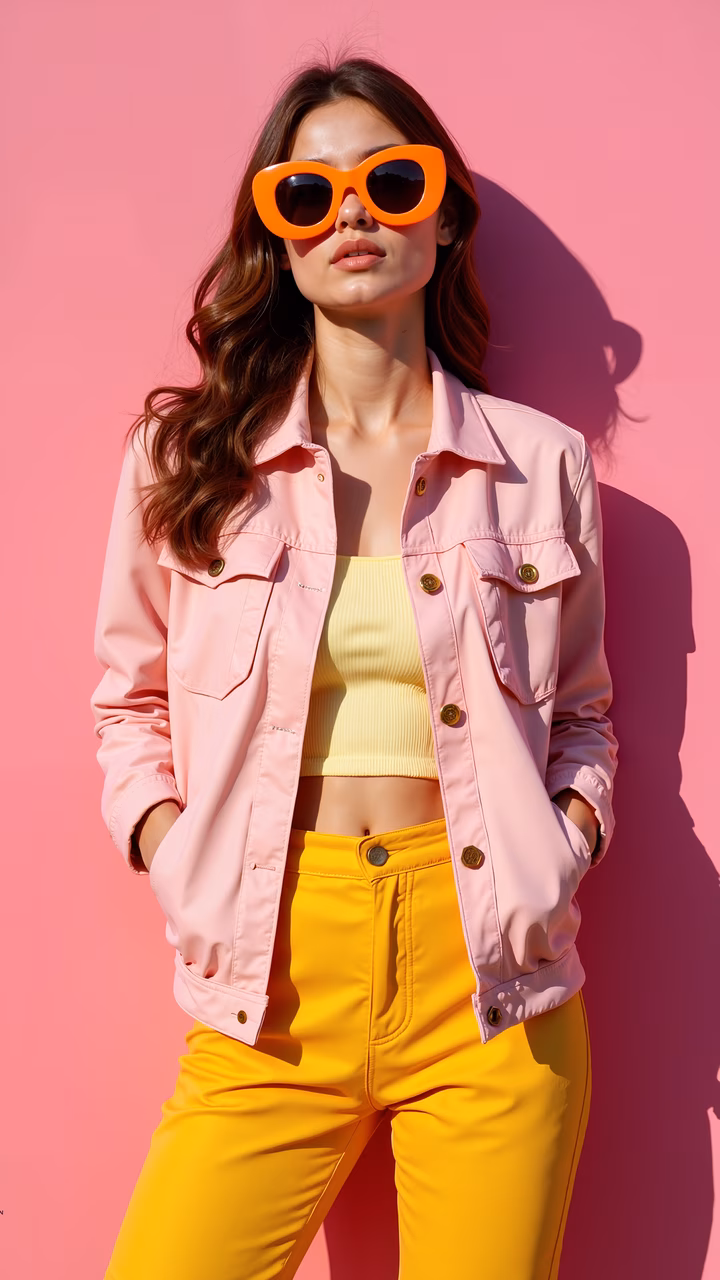 Bold fashion portrait with vibrant colors and a cheerful vibe.