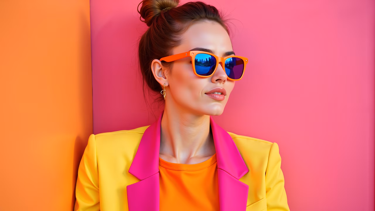 Bold fashion portrait with vibrant colors and contrasting backgrounds.