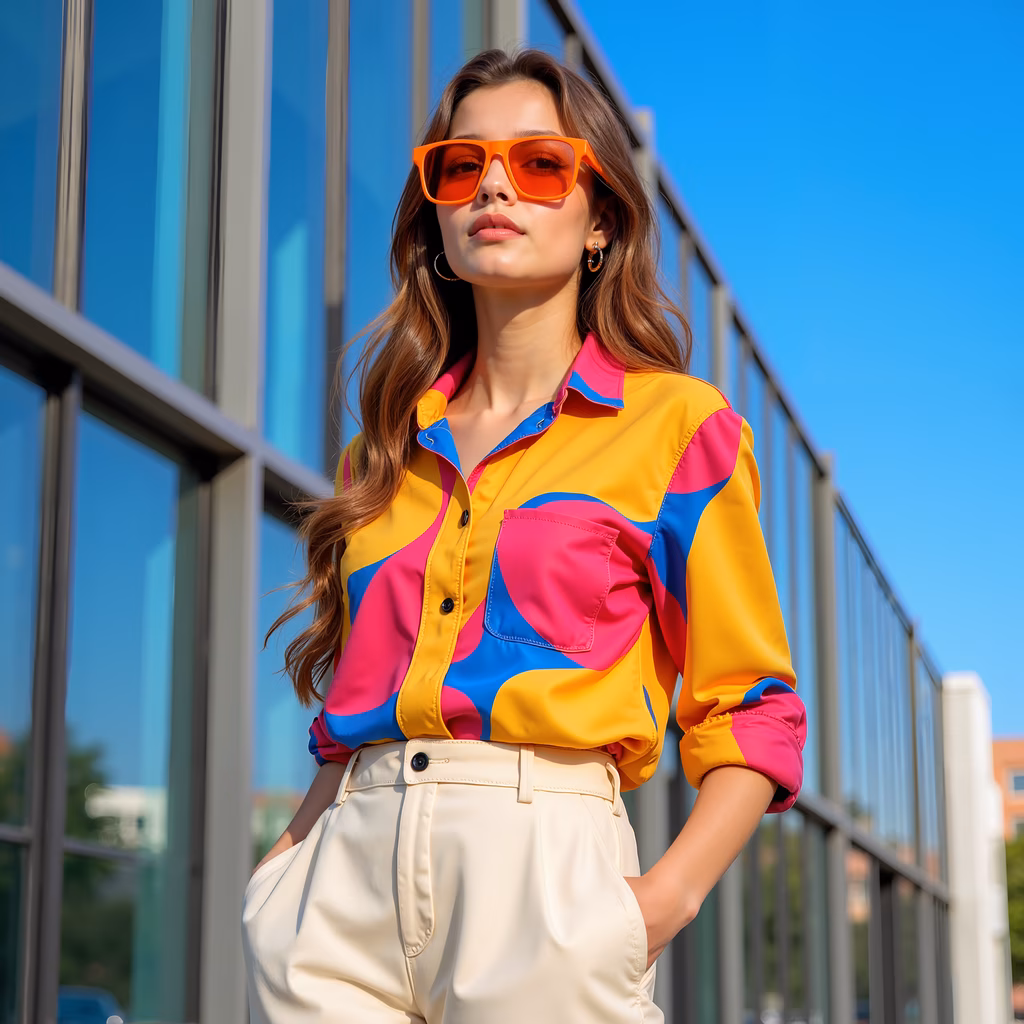 Bold colors and modern fashion in a sunny urban setting.