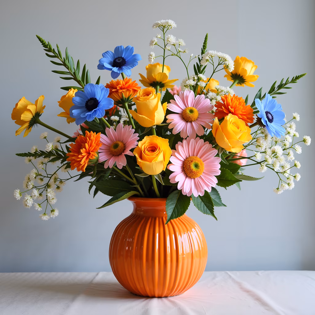 Vibrant floral arrangement with colorful blooms and an orange vase.