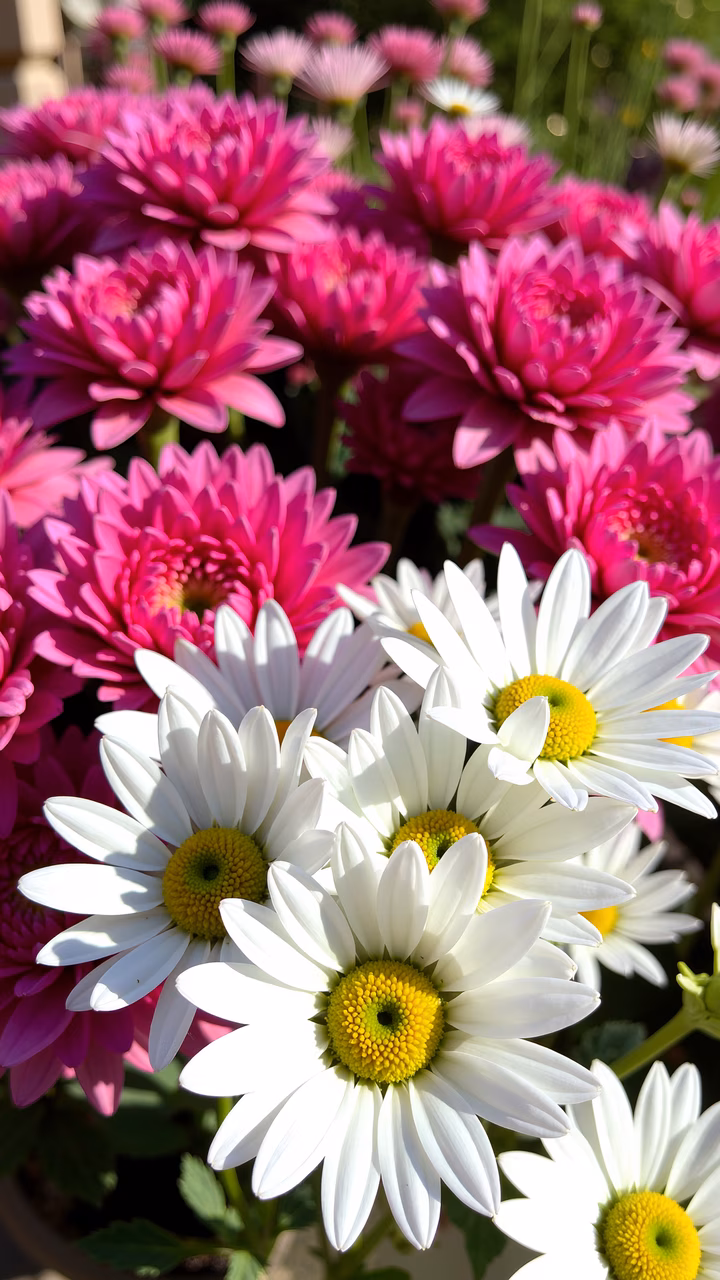 Vibrant floral bouquet with pink and white blooms under natural light.