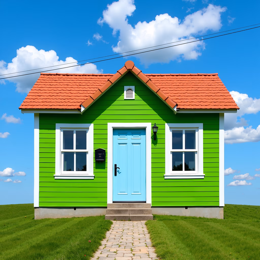 Vibrant green cottage with blue door and red roof tiles under a clear blue sky.