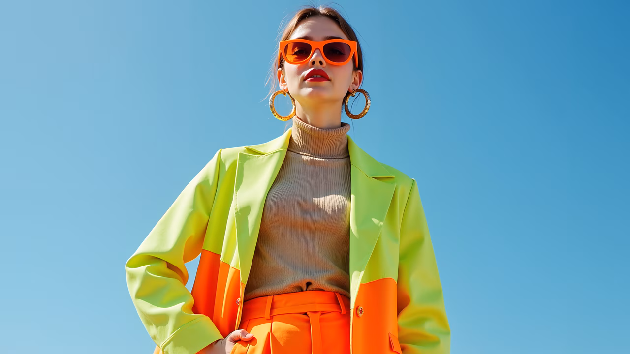 Bold neon fashion against a clear blue sky.