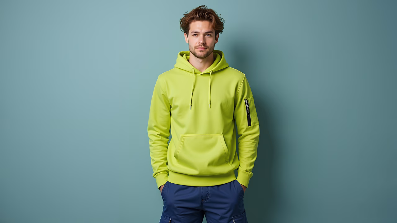 Vibrant neon hoodie against a teal backdrop, casual fashion.