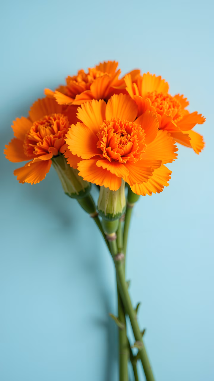Vibrant orange carnations against a teal background