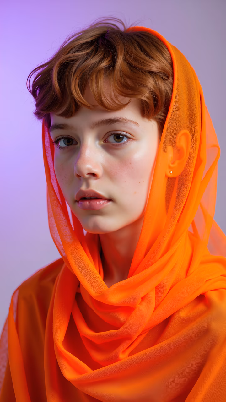 Close-up portrait of a person wearing a bright orange headscarf against a soft purple backdrop, emphasizing elegance and boldness.