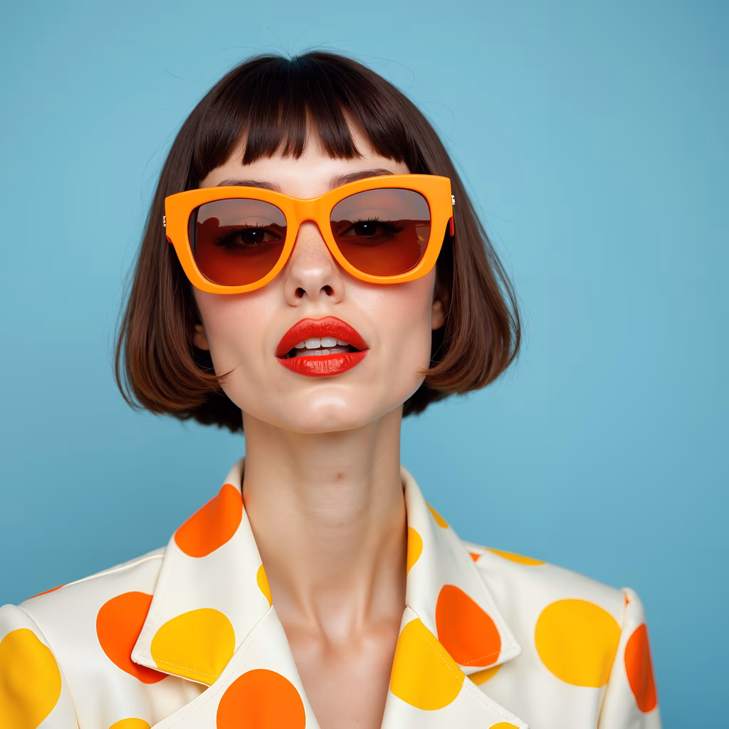 Bright orange sunglasses paired with a polka-dotted outfit on a light blue background.