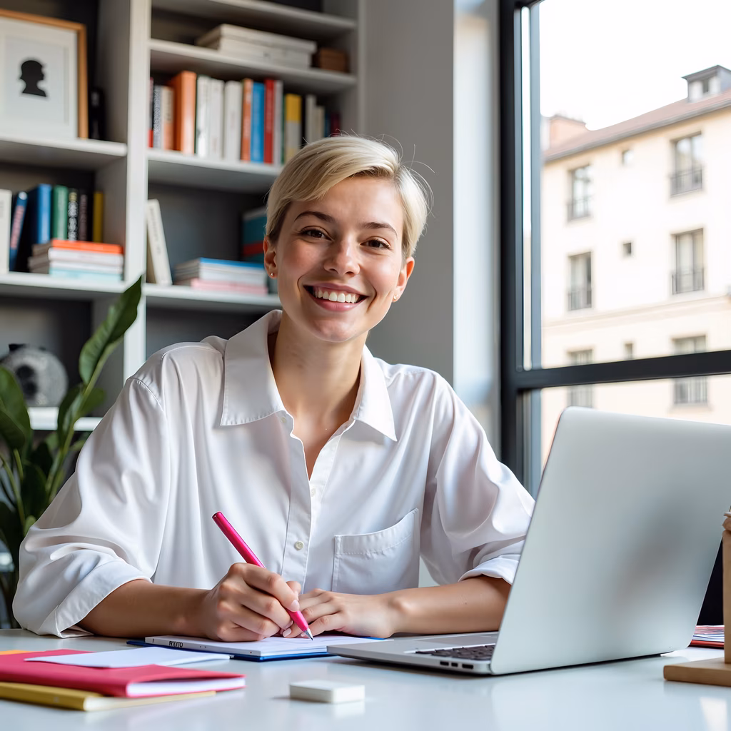 Bright smile in a modern, well-lit workspace with books and a laptop.