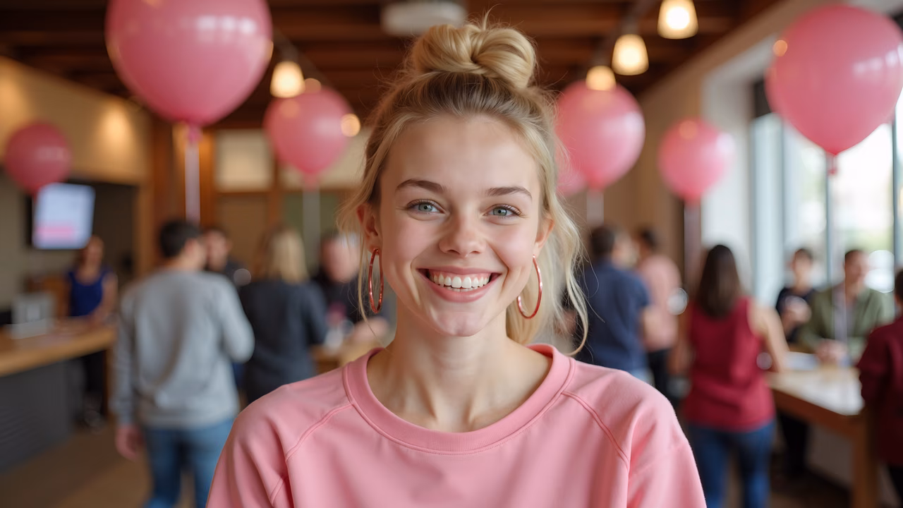 Bright smile amidst pink balloons and a festive gathering.