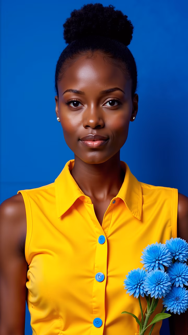 Vibrant yellow portrait with blue accents and flowers on a deep blue background.