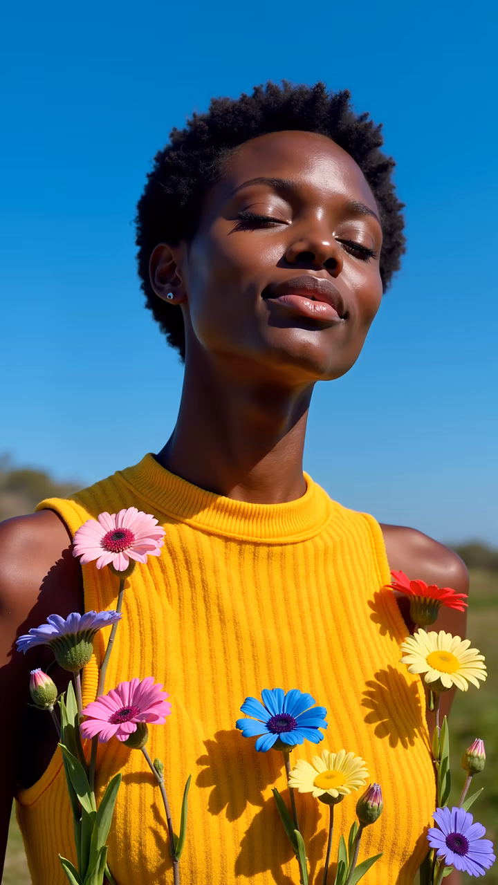 Bright yellow ribbed top with colorful flowers against a clear blue sky.