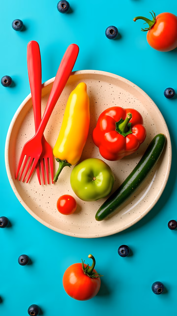 Vibrant vegetables and berries on a speckled plate against a turquoise background.