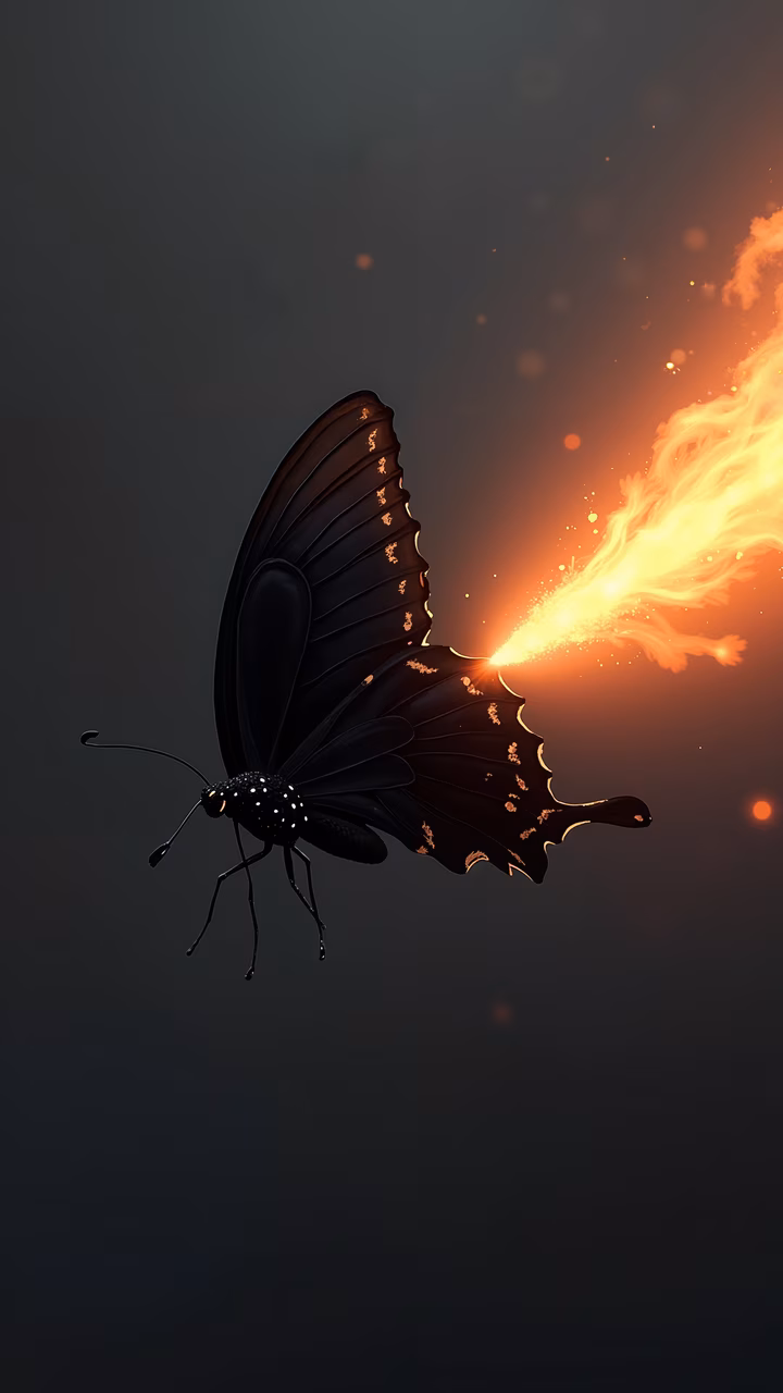 A black butterfly with detailed wings near a fiery flame, blending realism and surrealism.