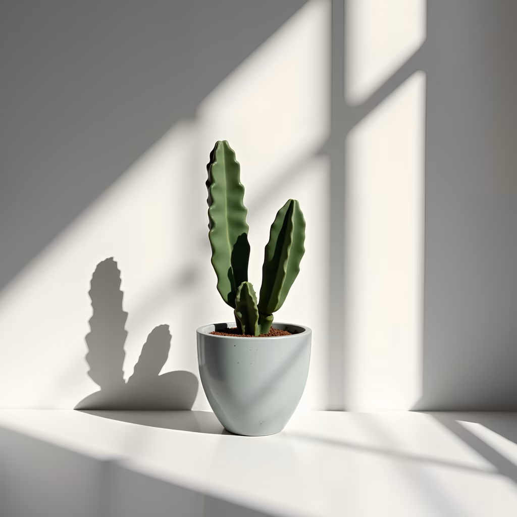 Minimalist cactus illustration with soft lighting and shadows.