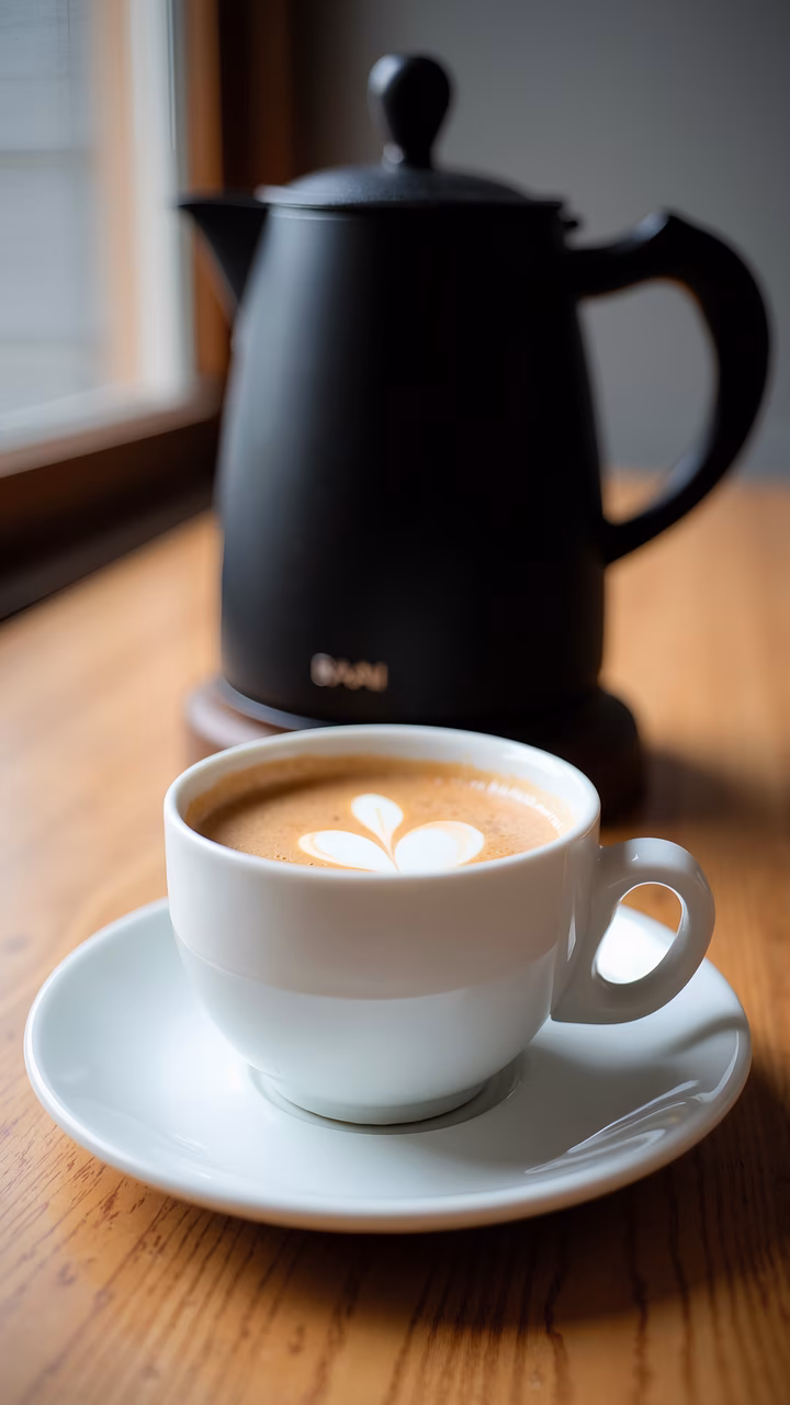 Close-up of cappuccino with heart latte art, warm and inviting