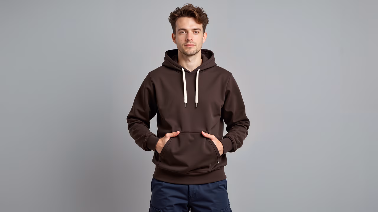 Casual hoodie portrait with neutral tones and relaxed pose.