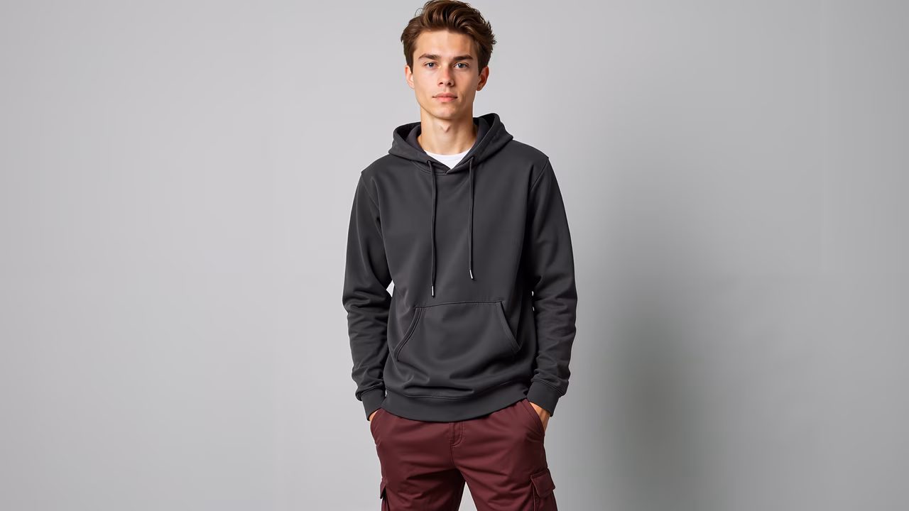 Minimalistic portrait of a casually dressed individual against a gray backdrop.