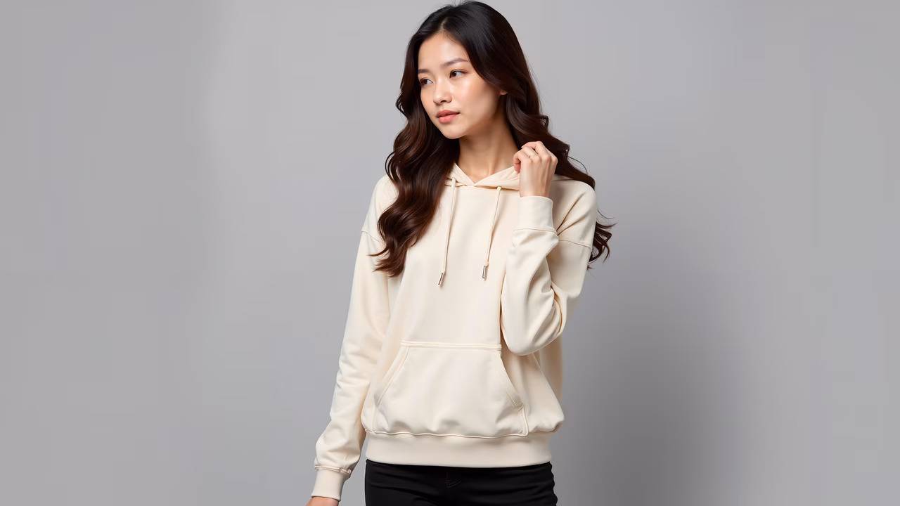 Casual portrait of a woman in a beige hoodie, neutral background, soft lighting.