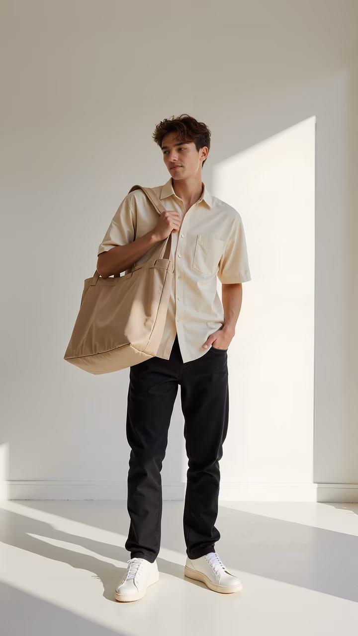 Minimalist fashion portrait with natural light and shadows.