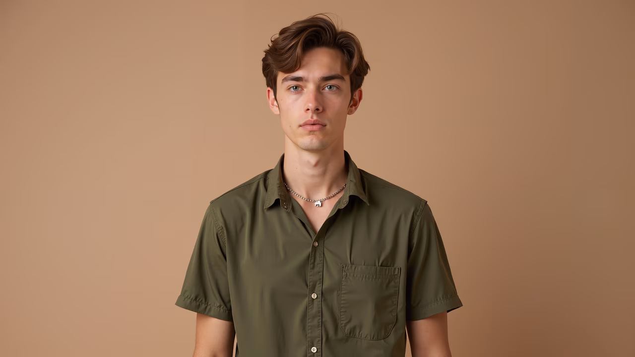 Casual portrait of a young man in olive green shirt against a neutral background.