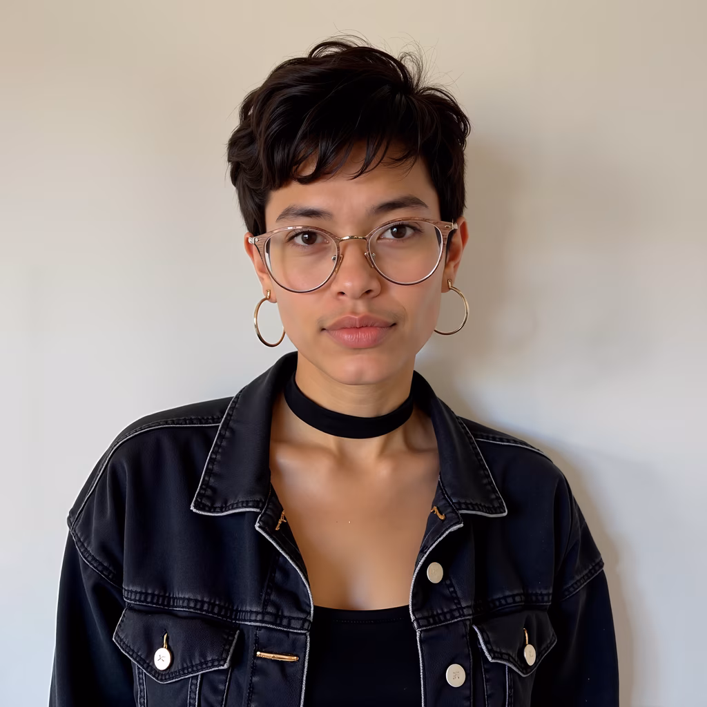 Close-up portrait of a person in casual attire against a plain background.
