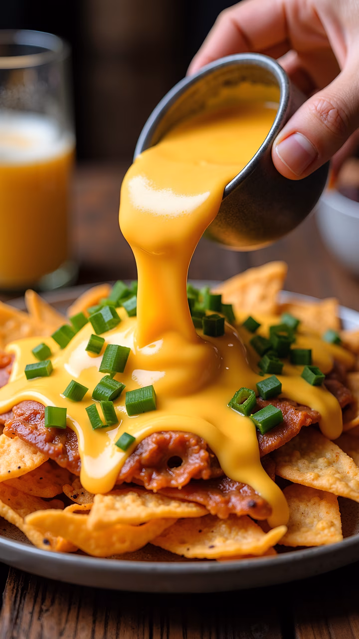 Close-up of cheesy nachos being drizzled with melted cheese, perfect for food enthusiasts!