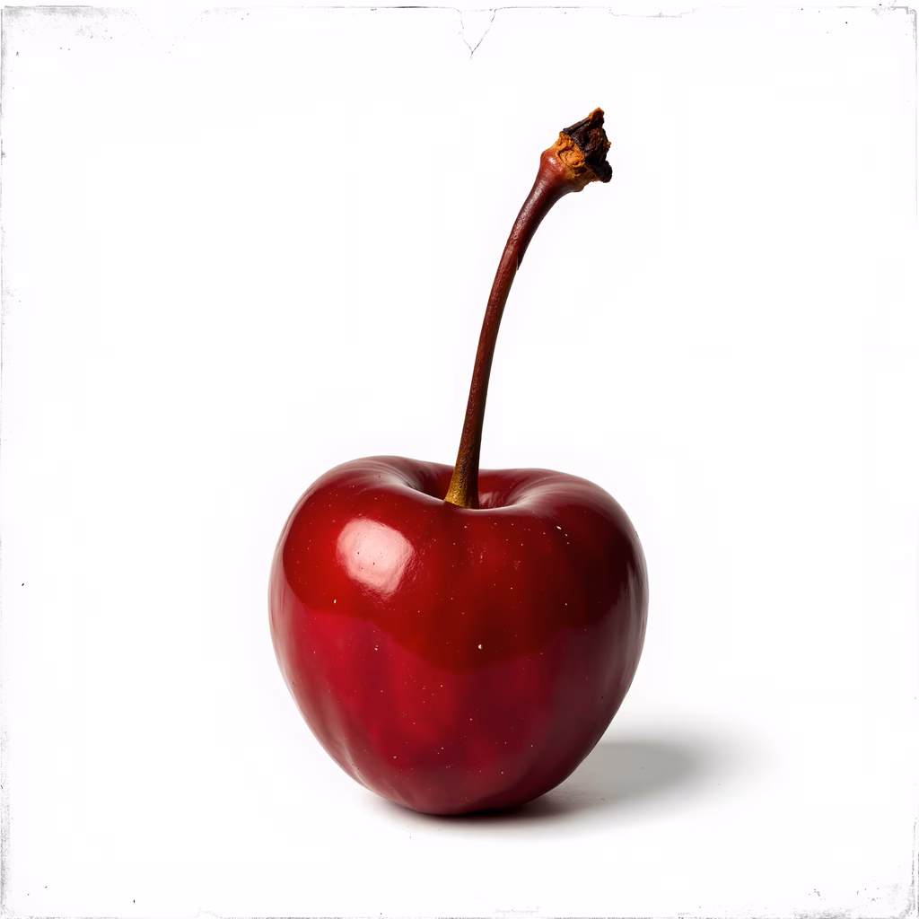 Close-up of a glossy red cherry on a white background.