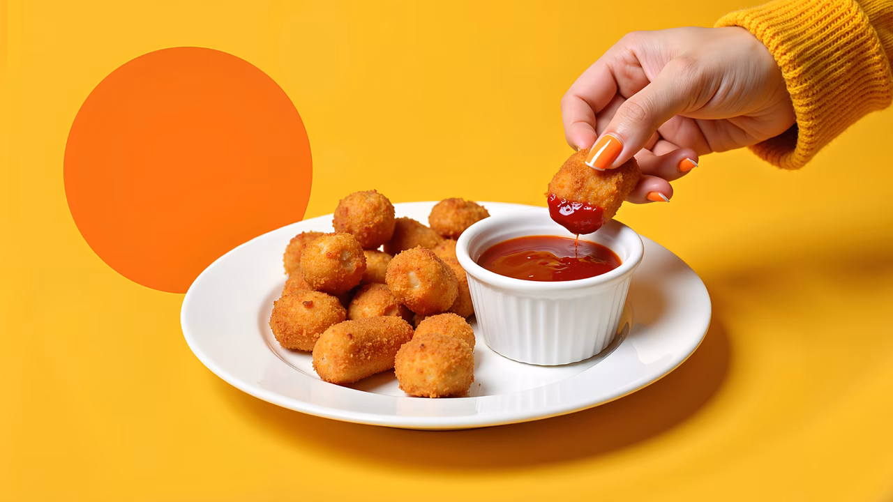 Golden chicken nuggets dipped in red ketchup on a bright yellow background.
