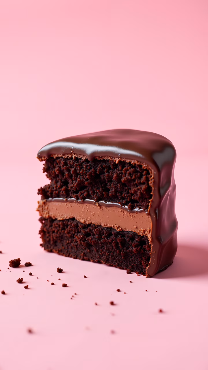 Close-up of a decadent chocolate cake slice with creamy frosting and glossy glaze, set against a soft pink backdrop.