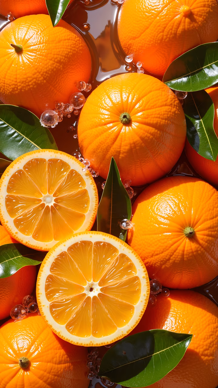 Bright citrus fruits with fresh green leaves and water droplets