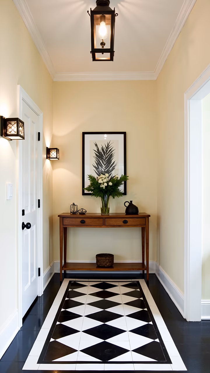 A stylish hallway with a classic design, featuring a diamond-patterned rug and elegant decor.
