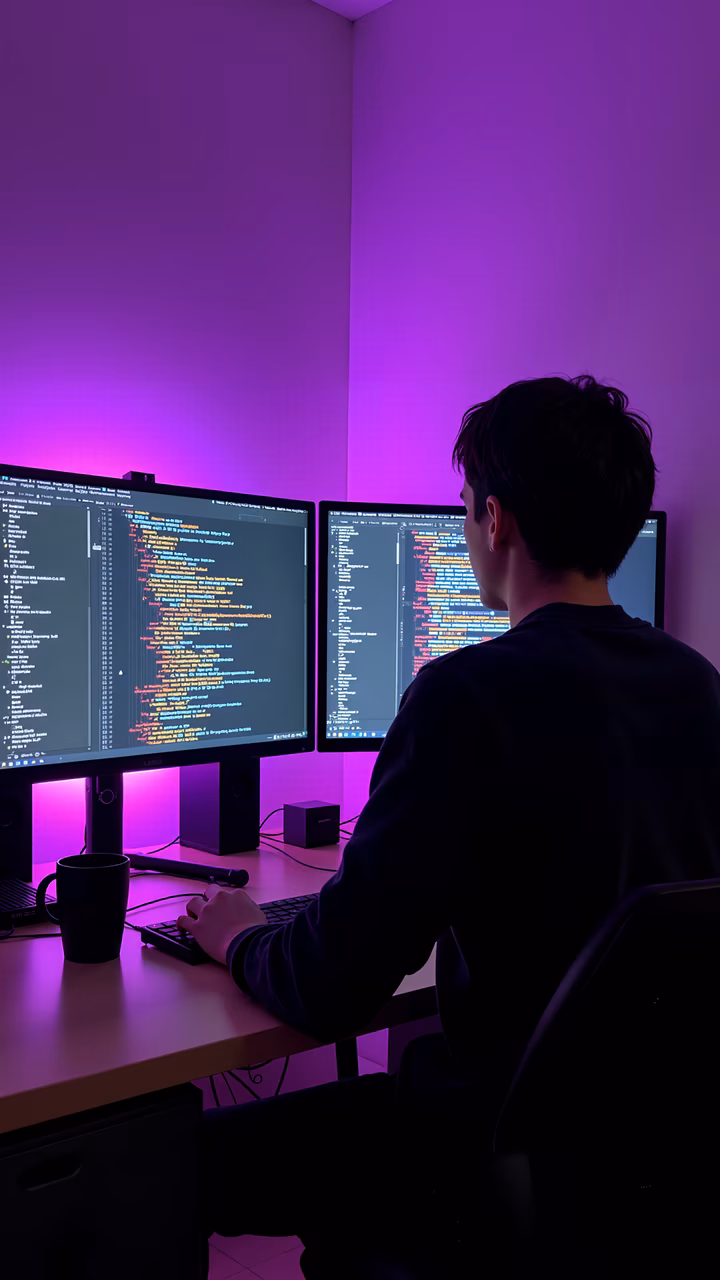 Person coding in a serene purple-lit workspace.
