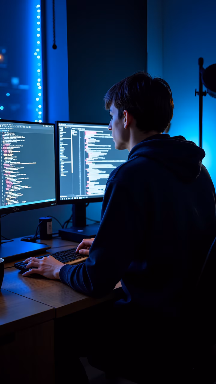 Person coding in dimly lit room with blue screen glow.