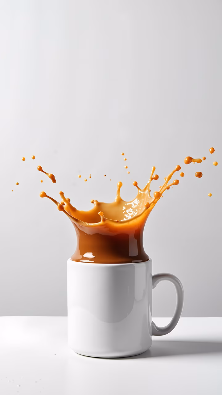 Dynamic coffee splash captured in a minimalist setting.