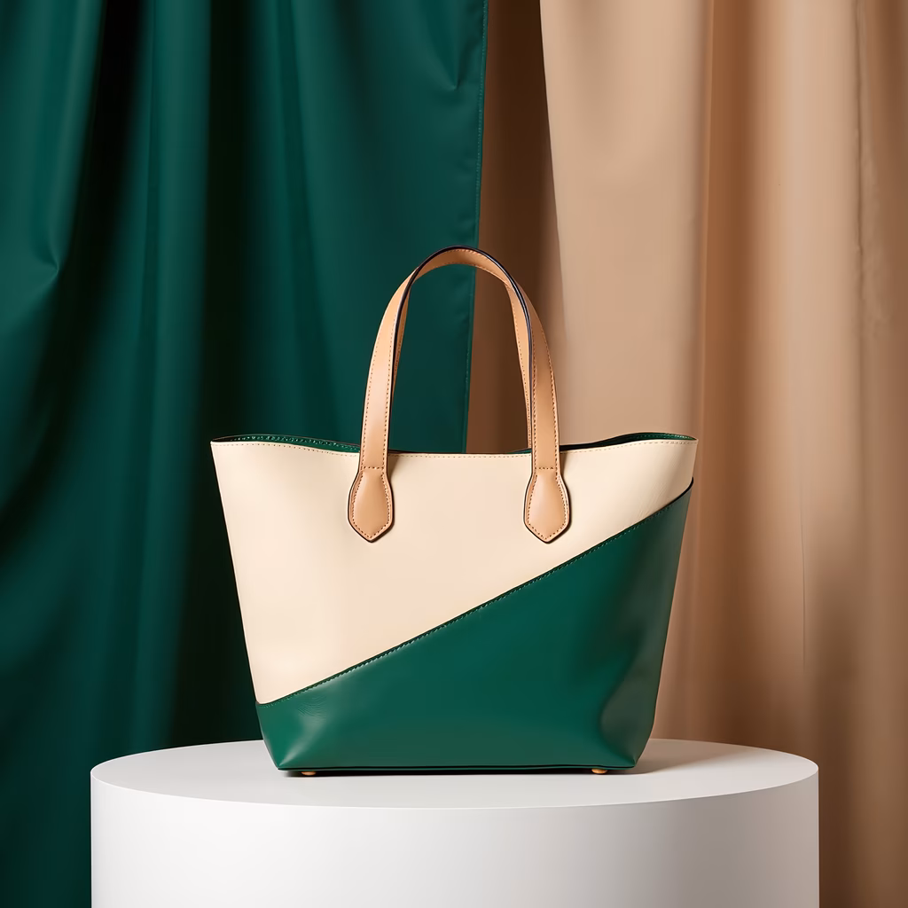 Elegant color block tote bag with cream and emerald green design, perfect for fashion enthusiasts.
