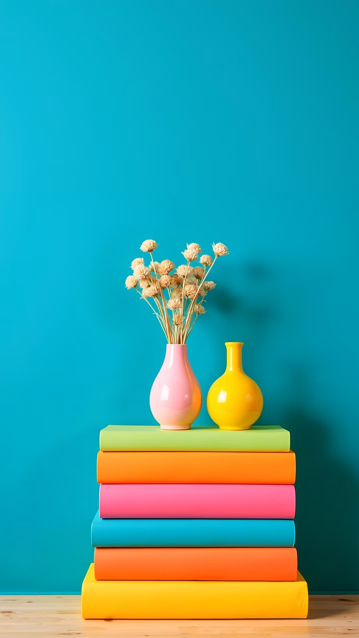 Brightly colored books and vases create a cheerful still life against a teal background.